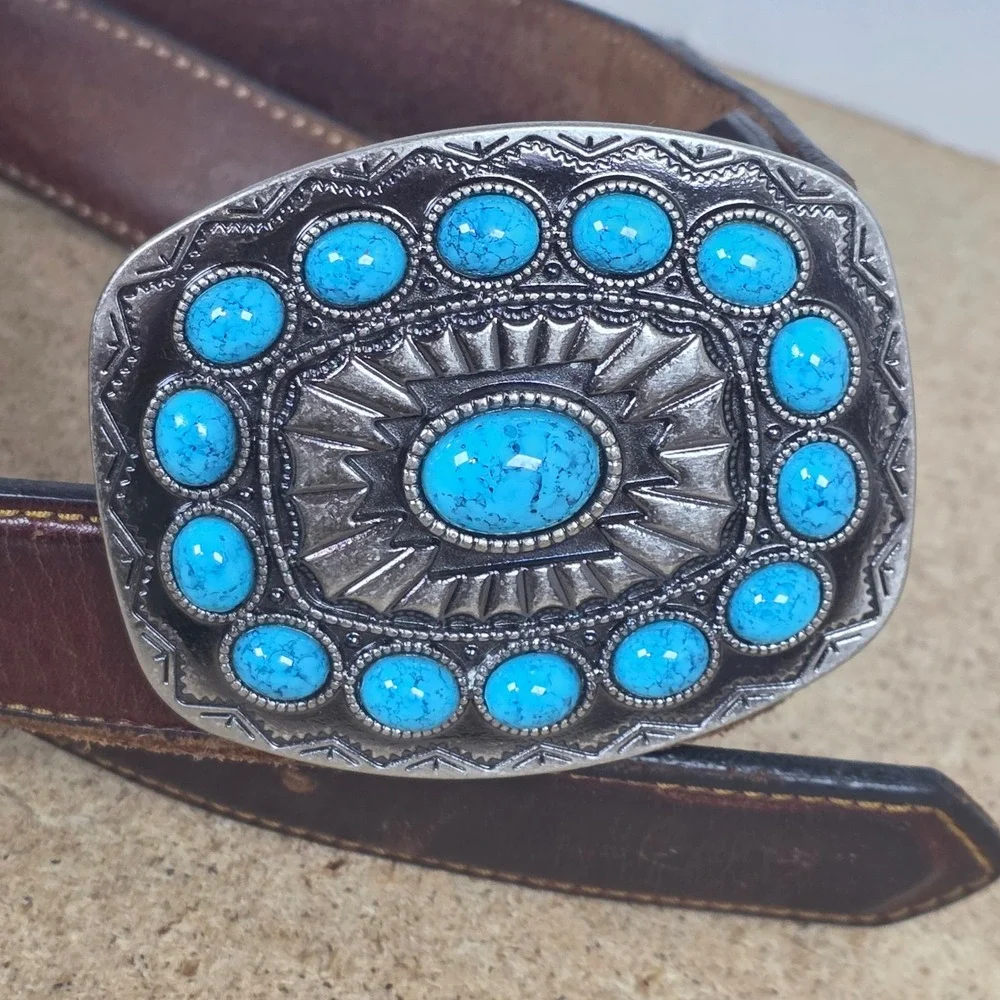 Vintage Brown Oil Tanned Leather Western boho Belt Turquoise Buckle‎ USA 36